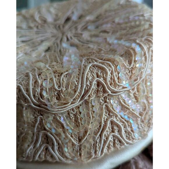 Vtg 1950s Evelyn Varon Sequin Lace Cocktail Hat Fascinator Cap Beige Pancake - Picture 10 of 12